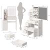 Small Space Left Bedside Cabinet Vanity Table + Cushioned Stool, Extra Large Right sliding mirror, Multi Layer High Capacity Storage