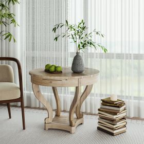 Curved Legs Farmhouse Style Small Size Round Dining Table End Table Side Table Coffee Table for Dinette, Kitchen, Dining Room or Living Room, Natural