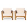 ( Set of 2) Outdoor Acacia Wood Club Chairs with Cushions, Teak+Beige, 27.75"D x 32"W x 27.75"H