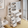 Small Space Left Bedside Cabinet Vanity Table + Cushioned Stool, Extra Large Right sliding mirror, Multi Layer High Capacity Storage