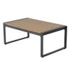 Outdoor 4 Pieces Furniture Sets Modern Aluminum Patio Conversation Sets Sofa w Blue Cushion Faux Wood Grain Frame Coffee Table for Garden Courtyard Po
