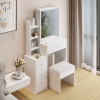 Small Space Left Bedside Cabinet Vanity Table + Cushioned Stool, Extra Large Right sliding mirror, Multi Layer High Capacity Storage