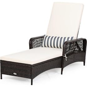 Patio Wicker Chaise Lounge Chair, Outdoor Rattan Reclining Chaise w/ 6-Gear Adjustable Backrest, Thick Padded Cushion (Color: Mix Brown-1)