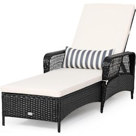 Patio Wicker Chaise Lounge Chair, Outdoor Rattan Reclining Chaise w/ 6-Gear Adjustable Backrest, Thick Padded Cushion (Color: Black-1)